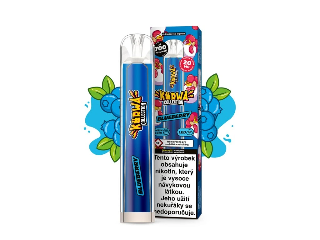 Kurwa Collection Blueberry – jednorázová elektronická cigareta s chuťou sladkých borůvek. Až 700 potahů pro celodenní vapování, LED podsvícení pro pohodlné použití