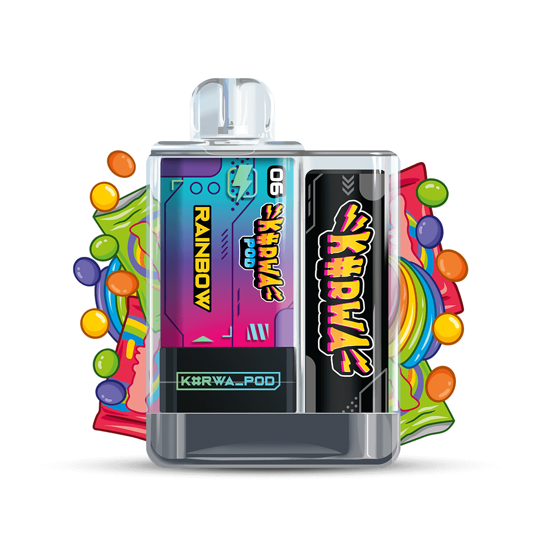 KURWA Pod Kit Rainbow – dobíjecí pod systém s ovocnou směsí inspirovanou bonbóny, obsahuje limetku, pomeranč, černý rybíz, jahodu a citron, sladko-kyselý a svěží vaping