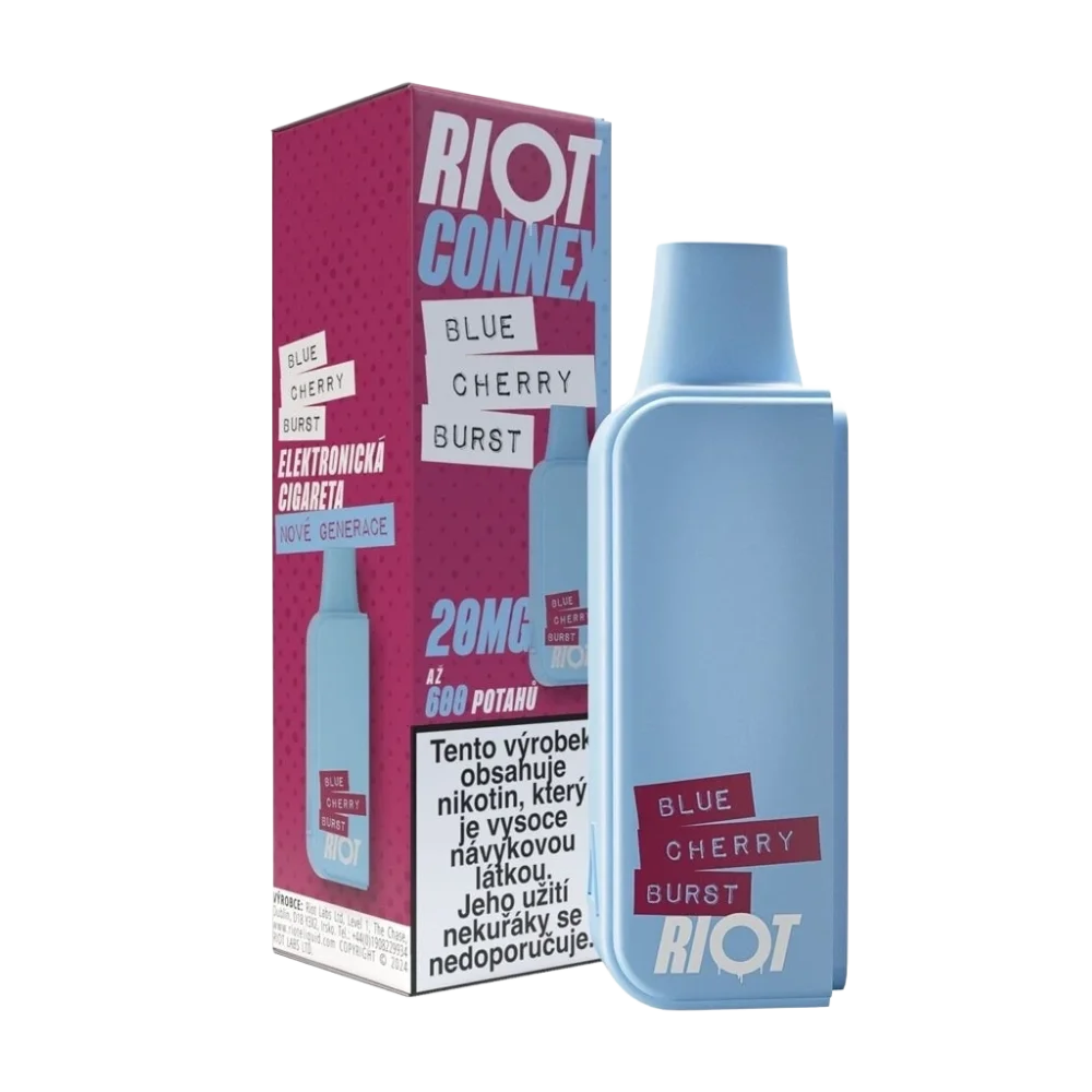 Elektronická cigareta RIOT Connex Blue Cherry Burst POD 10 mg nikotinu na ml – sladké borůvky a šťavnaté třešně v osvěžujícím mixu s explozivním nádechem. Až 600 potahů pro systém RIOT Connex, ideální pro milovníky ovocných, intenzivních kombinací.