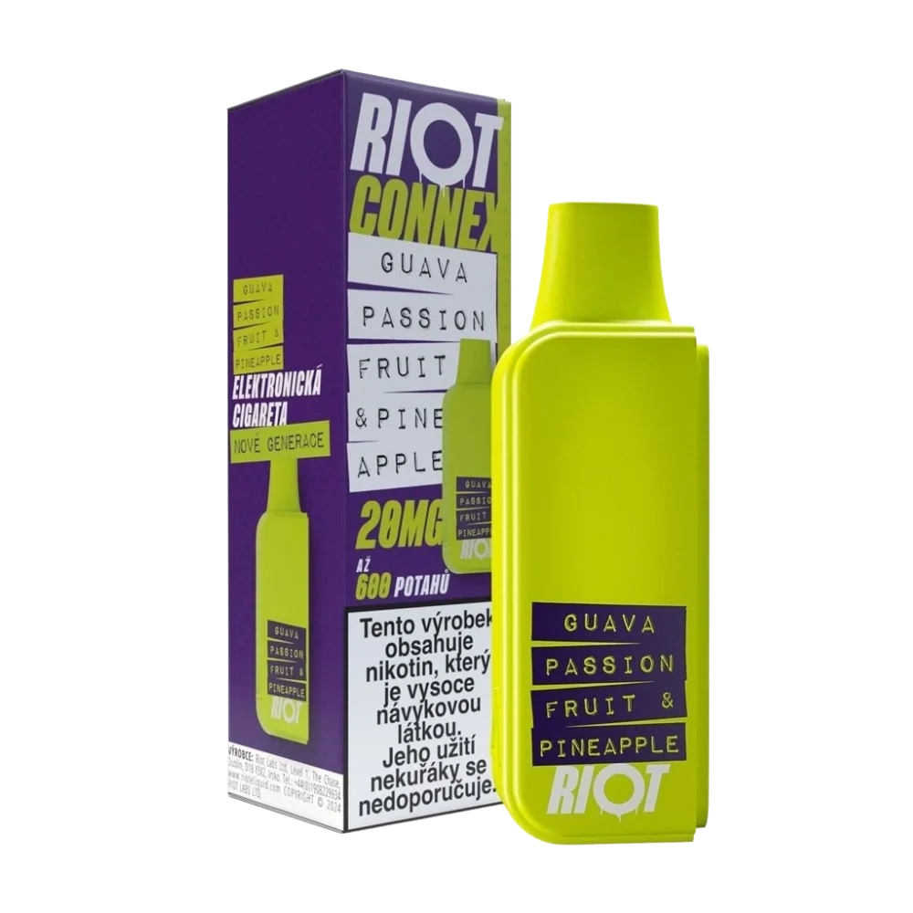Elektronická cigareta RIOT Connex Guava Passionfruit Pineapple POD 20mg nikotinu na ml – kapsle s až 600 potahy, exotická tropická kombinace sladké guavy, aromatické marakuji a šťavnatého ananasu pro osvěžující a komplexní vapování, ideální pro systém RIOT Connex.