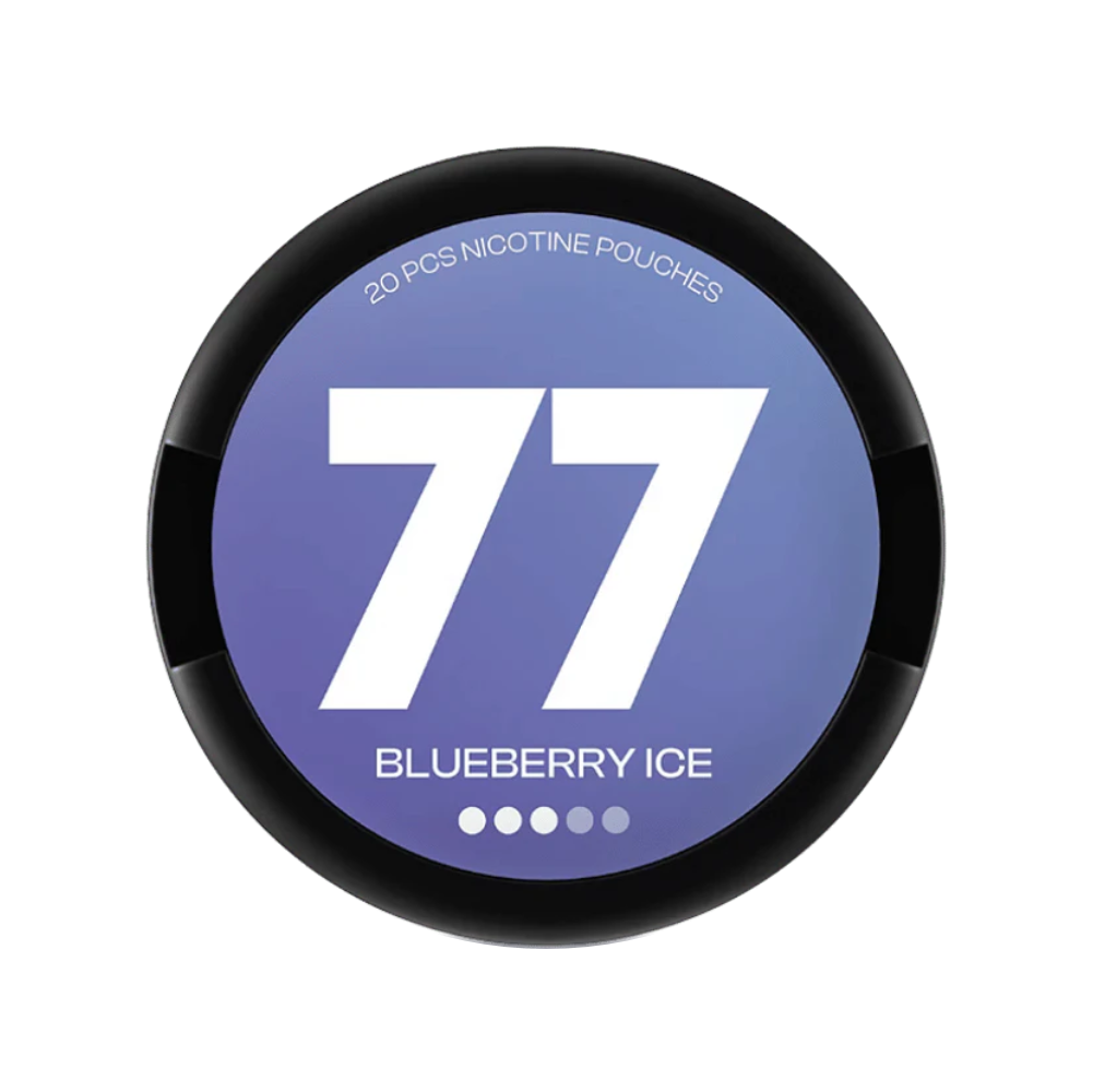 Nikotinové sáčky 77 Blueberry Ice s sladkou chutí borůvek a jemným mentolovým efektem. Každý sáček obsahuje 10,4 mg nikotinu a balení obsahuje 20 sáčků. Produkt poskytuje sladko-mentolový chuťový zážitek s jemným ovocným zakončením a je vhodný pro diskrétní každodenní použití.