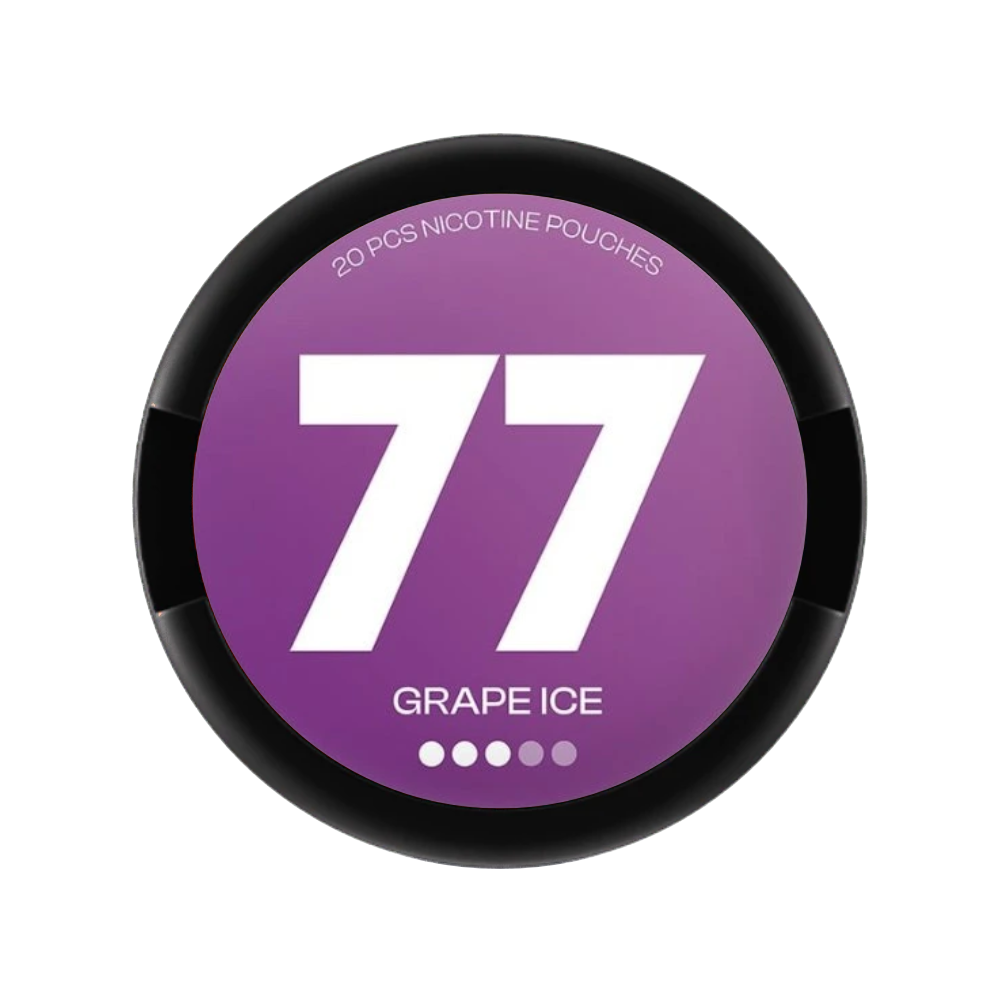 Nikotinové sáčky 77 Grape Ice s sladkou hroznovou chutí a jemným mentolovým chladivým efektem. Každý sáček obsahuje 10,4 mg nikotinu, balení obsahuje 20 sáčků. Produkt je vhodný pro každodenní diskrétní použití a poskytuje sladko-mentolový chuťový zážitek s jemným ovocným zakončením.