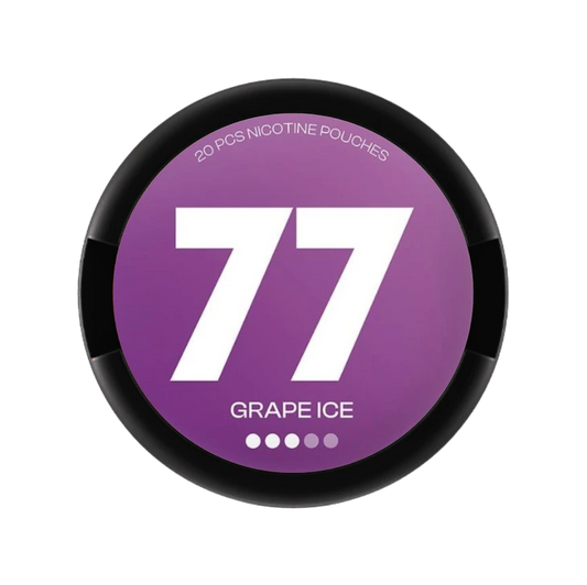 Nikotinové sáčky 77 Grape Ice s sladkou hroznovou chutí a jemným mentolovým chladivým efektem. Každý sáček obsahuje 10,4 mg nikotinu, balení obsahuje 20 sáčků. Produkt je vhodný pro každodenní diskrétní použití a poskytuje sladko-mentolový chuťový zážitek s jemným ovocným zakončením.