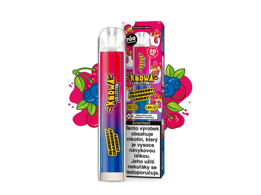 Kurwa Collection Blueberry Cranberry Cherry – jednorázová elektronická cigareta s chutí borůvky, brusinky a třešně. Až 700 potahů pro vyváženou a komplexní sladko-kyselou ovocnou kombinaci.