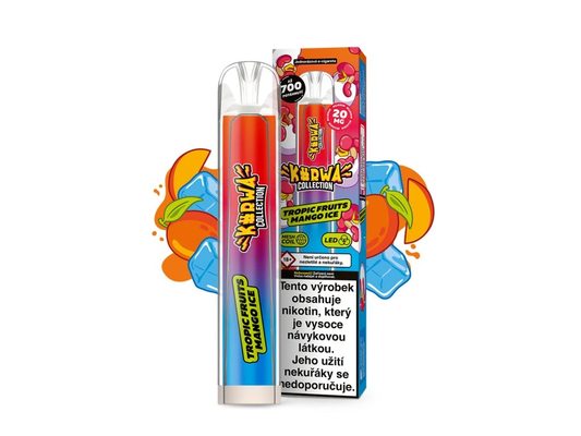 Kurwa Collection Tropic Fruits Mango Ice – jednorázová elektronická cigareta s tropickým ovocím, dominantným mangom a chladivým ice efektem. Až 700 potahů pro sladkou a osvěžující chuť.