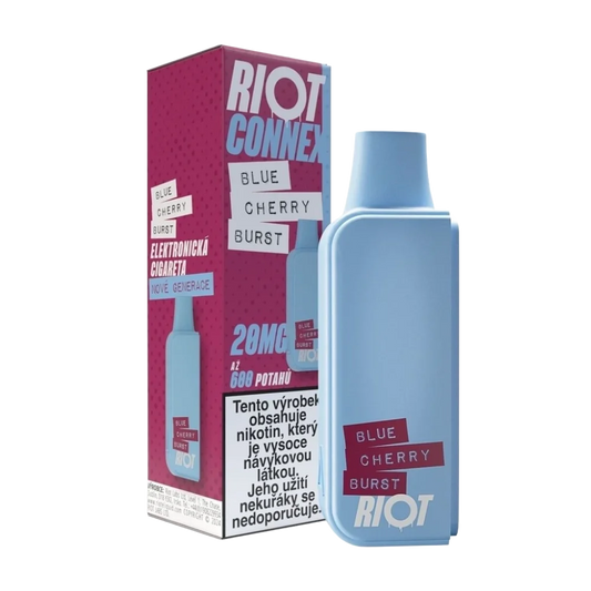 Elektronická cigareta RIOT Connex Blue Cherry Burst POD 10 mg nikotinu na ml – sladké borůvky a šťavnaté třešně v osvěžujícím mixu s explozivním nádechem. Až 600 potahů pro systém RIOT Connex, ideální pro milovníky ovocných, intenzivních kombinací.