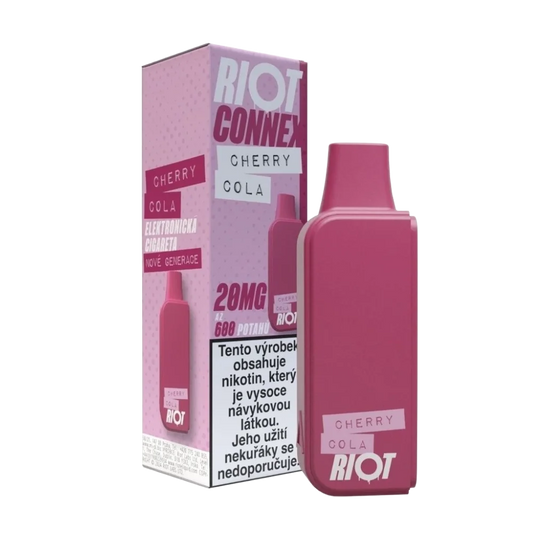 Elektronická cigareta RIOT Connex Cherry Cola POD 10 mg nikotinu na ml – osvěžující sladko-kyselý mix třešně a koly. Až 600 potahů pro příjemné vapování s nápojovou příchutí pro systém RIOT Connex.