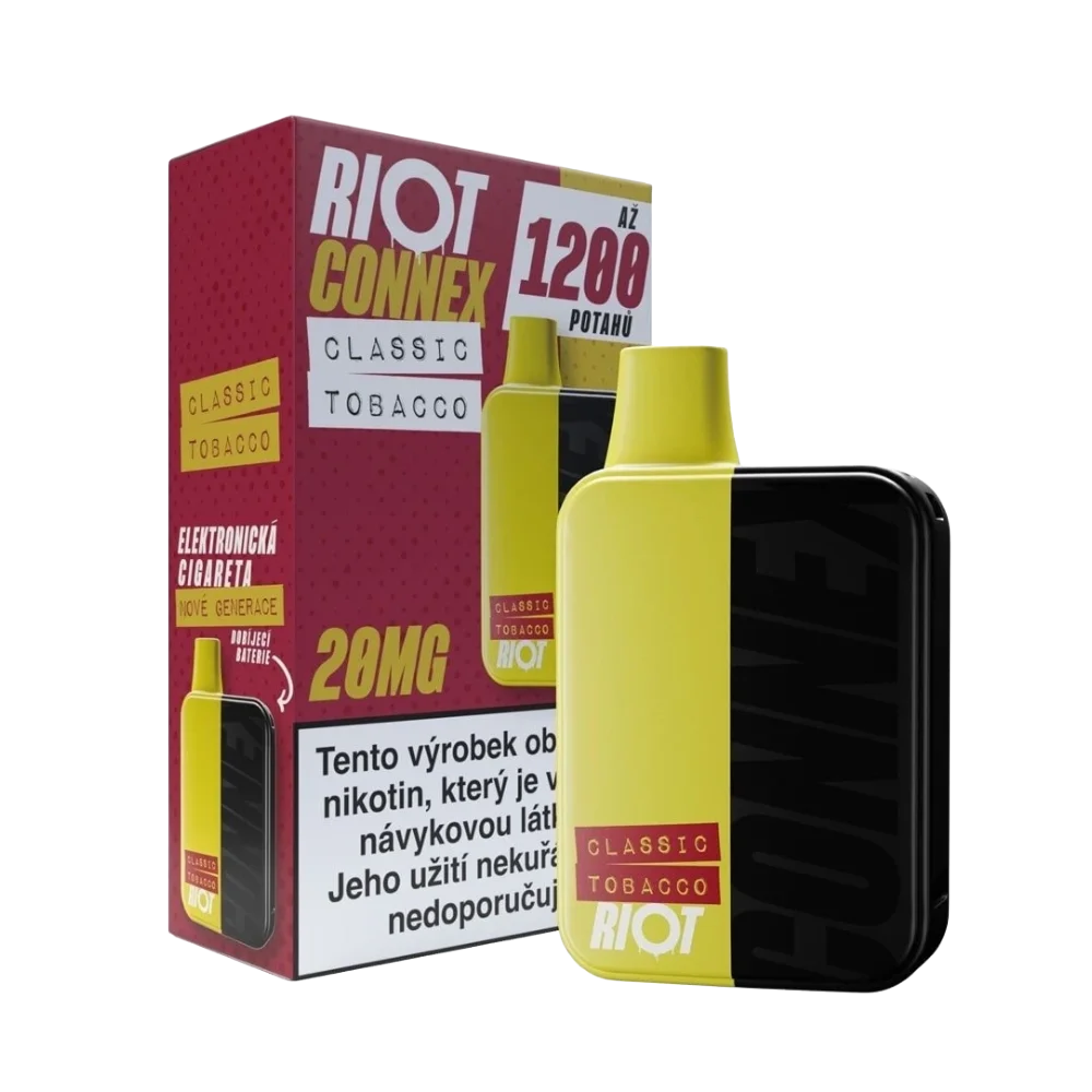 Elektronická cigareta RIOT Connex Classic Tobacco Kit 20 mg nikotinu na ml – klasická tabáková chuť s jemně nasládlým a kultivovaným profilem, ideální pro MTL vapování. Startovací kit s až 1 200 potahy pro pohodlné vapování.