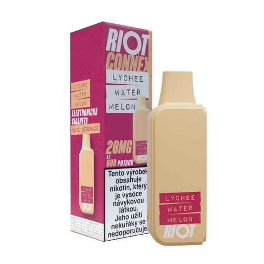 Elektronická cigareta RIOT Connex Lychee Watermelon POD 10mg nikotinu na ml – kapsle s až 600 potahy, kombinace květinově sladkého liči a svěžího melounu pro exotické a osvěžující vapování, ideální pro okamžité použití s přenosným systémem RIOT Connex.