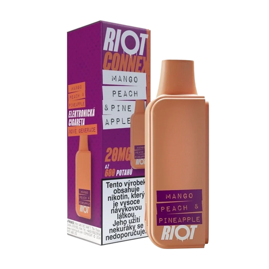 Elektronická cigareta RIOT Connex Mango Peach Pineapple POD 10 mg nikotinu na ml – kapsle s až 600 potahy, kombinace sladkého manga, broskve a šťavnatého ananasu pro exotické tropické vapování, ideální pro okamžité použití s přenosným systémem RIOT Connex.