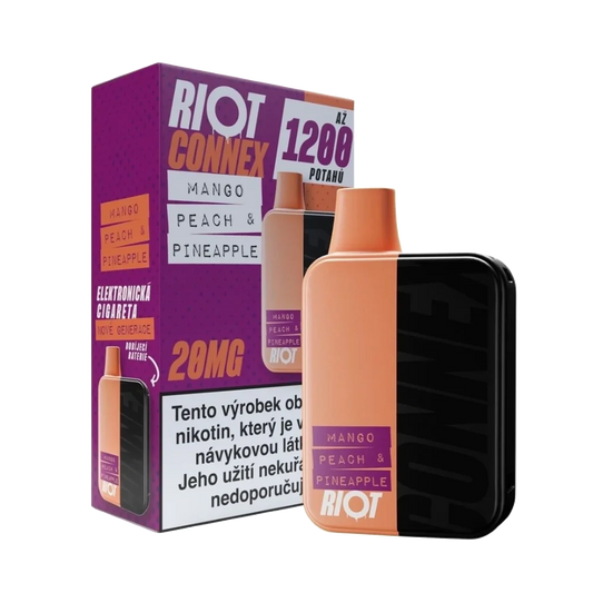 Elektronická cigareta RIOT Connex Mango Peach Pineapple Kit 10 mg nikotinu na ml – tropický mix manga, broskve a ananasu s osvěžujícím ledovým efektem. Startovací kit s až 1 200 potahy pro okamžité vapování.