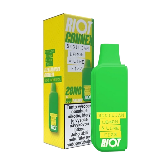 Elektronická cigareta RIOT Connex Sicilian Lemon & Lime Fizz POD 10 mg nikotinu na ml – kapsle s až 600 potahy, svěží kombinace citronu a limetky pro osvěžující citrusový zážitek, ideální pro denní vapování a okamžité povzbuzení.