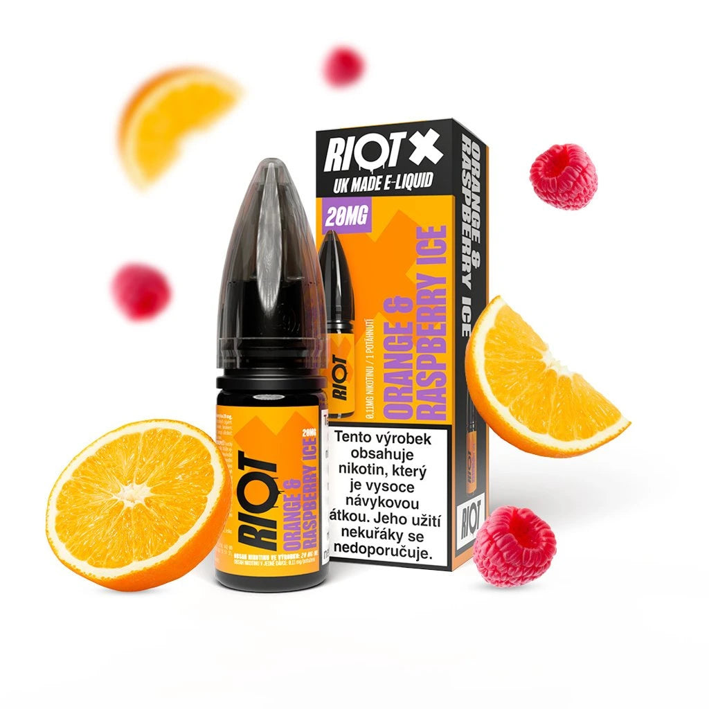 E-liquid RIOT X Salt Orange & Raspberry Ice s 20 mg nikotinu na ml, kombinace šťavnatého pomeranče a sladší maliny s jemným chladivým efektem, svěží sladko-citrusový mix